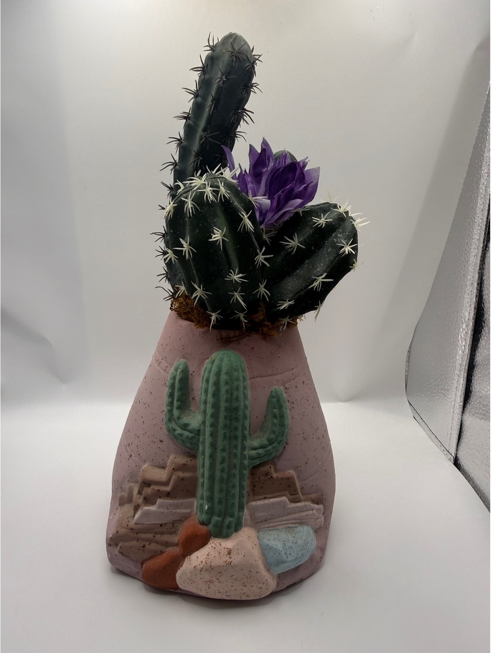 1980s Southwestern-style ceramic cactus planter artificial arrangement